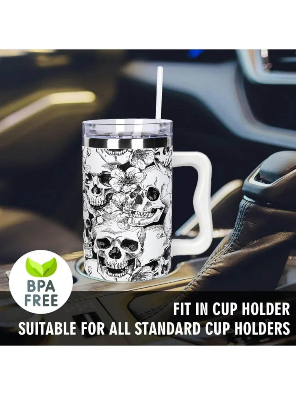 Spooky Skull 40oz Tumbler with Straw & Lid | Halloween Travel Coffee Cup, Gifts